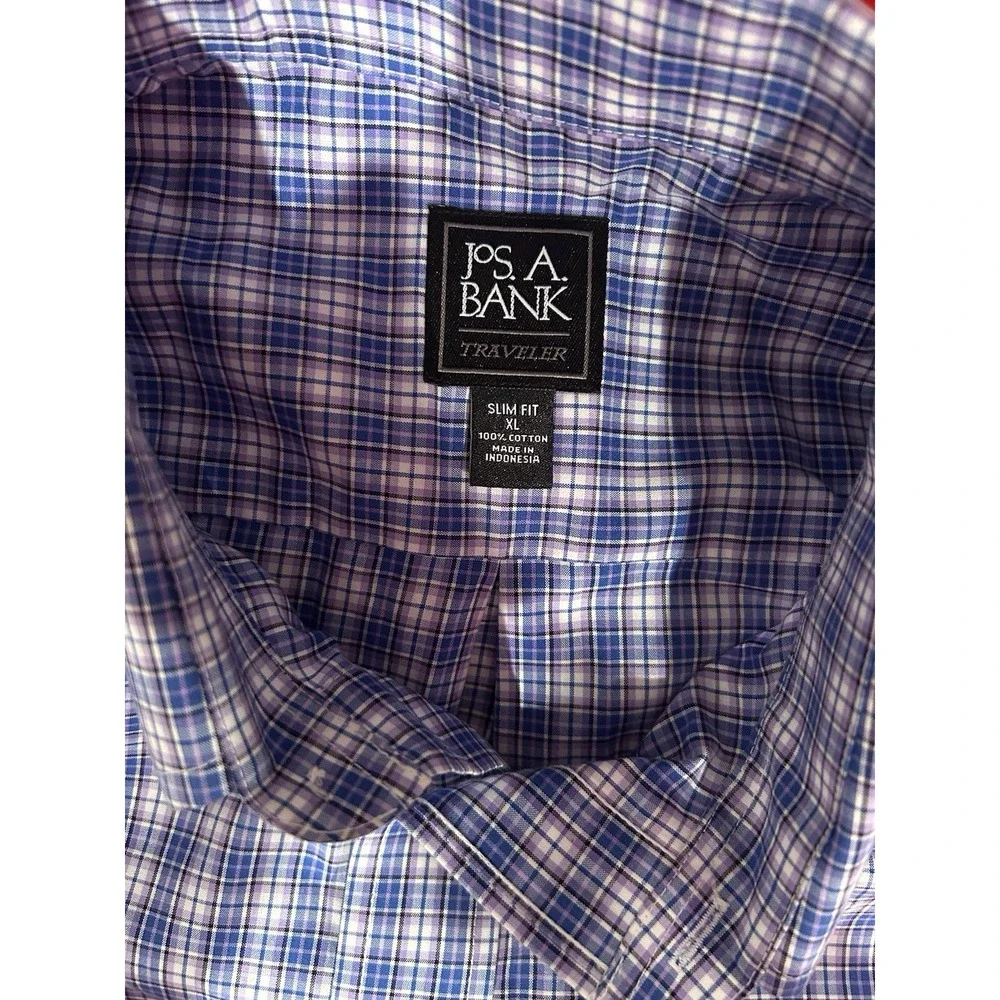 Jos A Bank Traveler  Shirt Mens XL Blue Purple Plaid‎ Slim Fit Dress Button Up